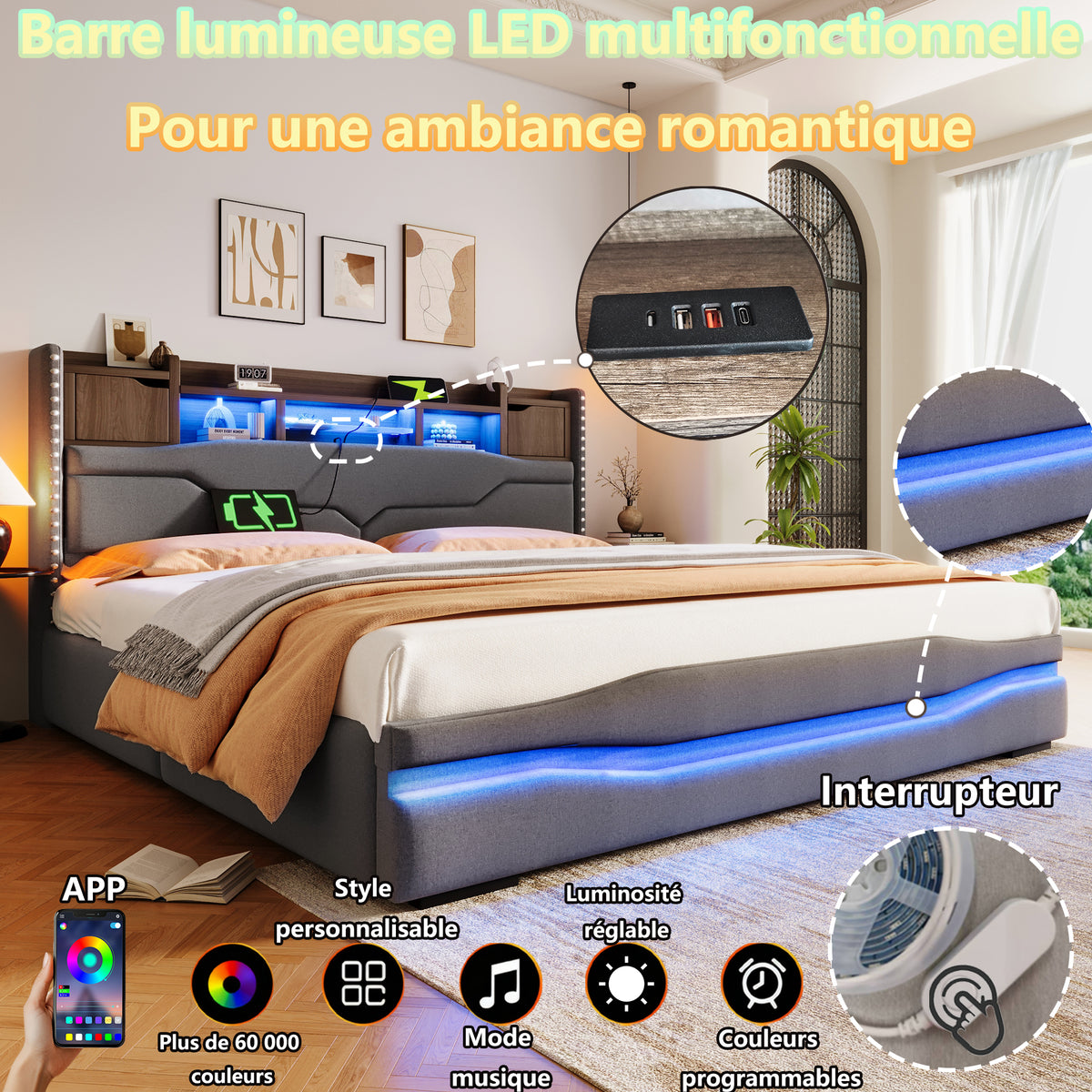 Upholstered Bed 180x200cm with Hydraulic Storage & LED, Grey