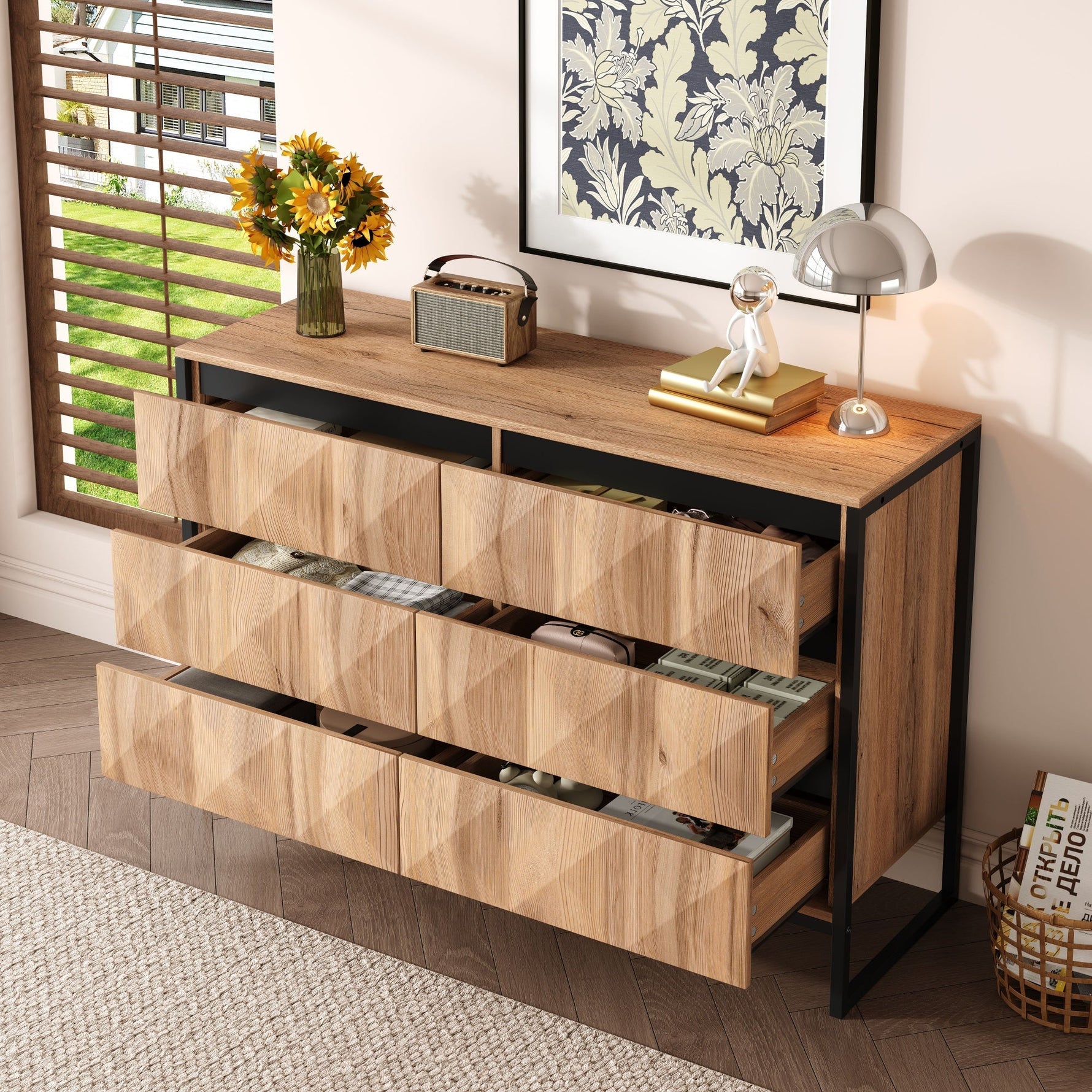 Sideboard & Chest of Drawers, Metal Legs, Raised Doors, Black and Natural Wood