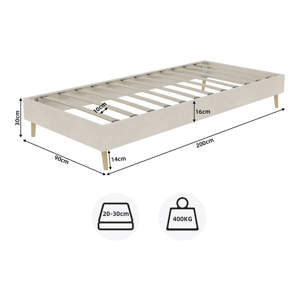 Modern Minimalist Bed Frame, 90x200 cm, Low-Profile, Dutch Velvet Beige