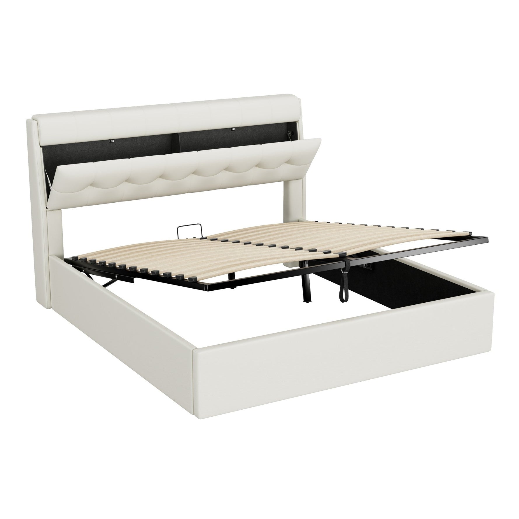 Upholstered Bed 160x200cm Hydraulic & Concealed Headboard Storage PU - White