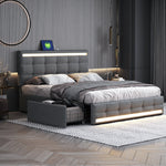 Upholstered Bed 140x200, LED, 4 Drawers, 2 USB Charging Stations, Linen Fabric Gray