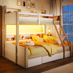 Bunk Bed 90x200 & 140x200 with Storage & LED, White + Natural