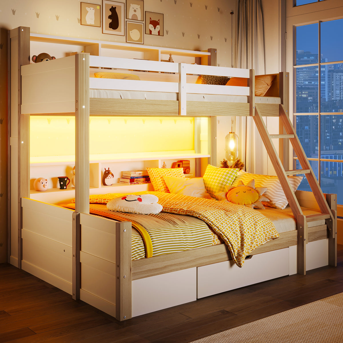 Bunk Bed 90x200 & 140x200 with Storage & LED, White + Natural