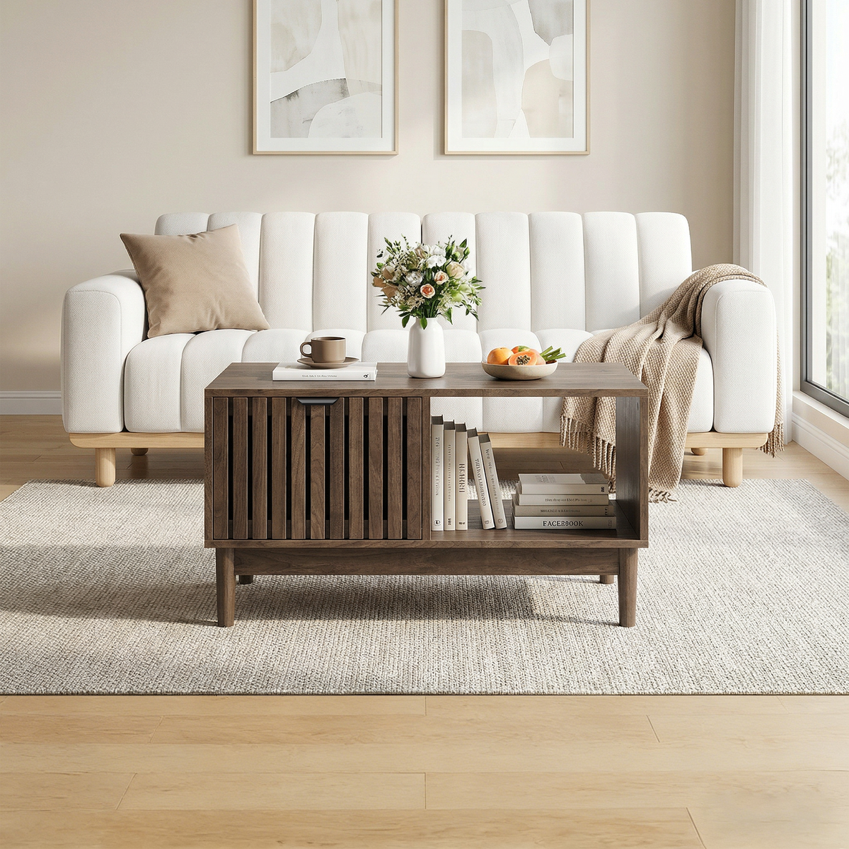 80 cm Coffee Table, Mid-Century Modern with Drawer and Open Shelves, Walnut Color