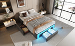 Bed Frame 90x200 Drawers LED Light Metal Slat Platform PU Leather, Grey