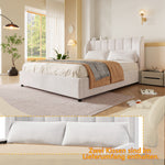 Upholstered Platform Bed 140x200cm with Slatted Base, Velvet Beige