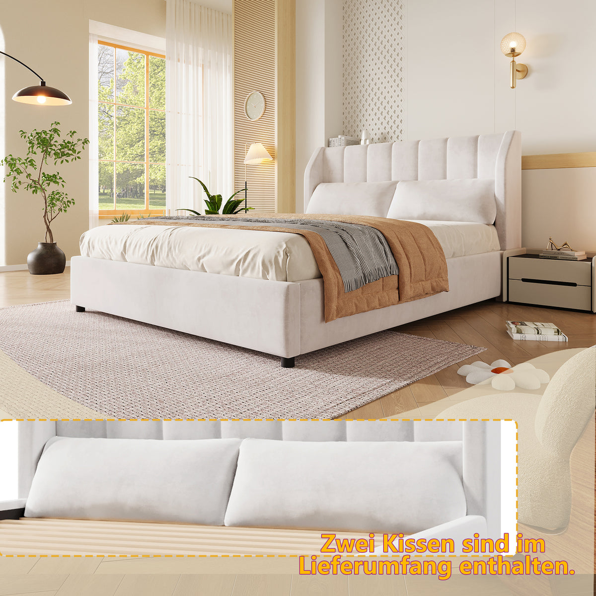 Upholstered Platform Bed 140x200cm with Slatted Base, Velvet Beige