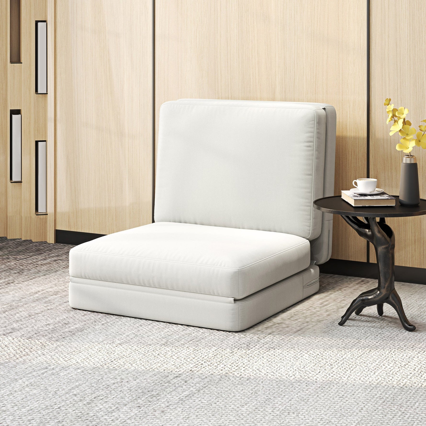 Folding Velvet Sofa Bed, 3-in-1, Storage, Cream White