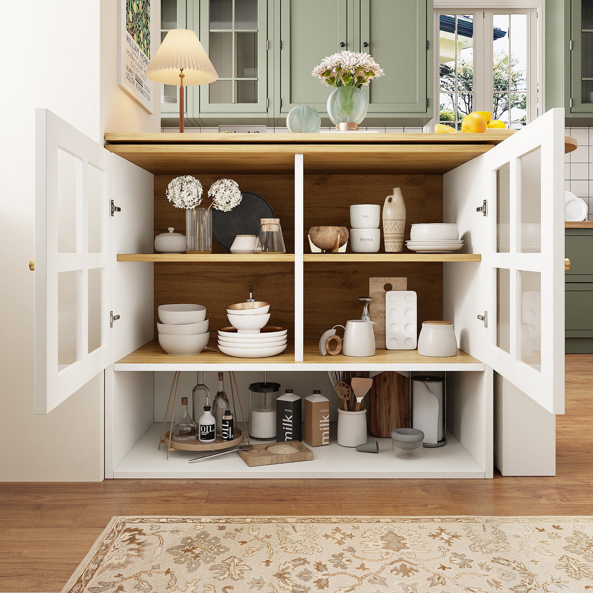 360° Rotating Sideboard - Multifunctional Dining Bar, 5 Shelves & Glass - White