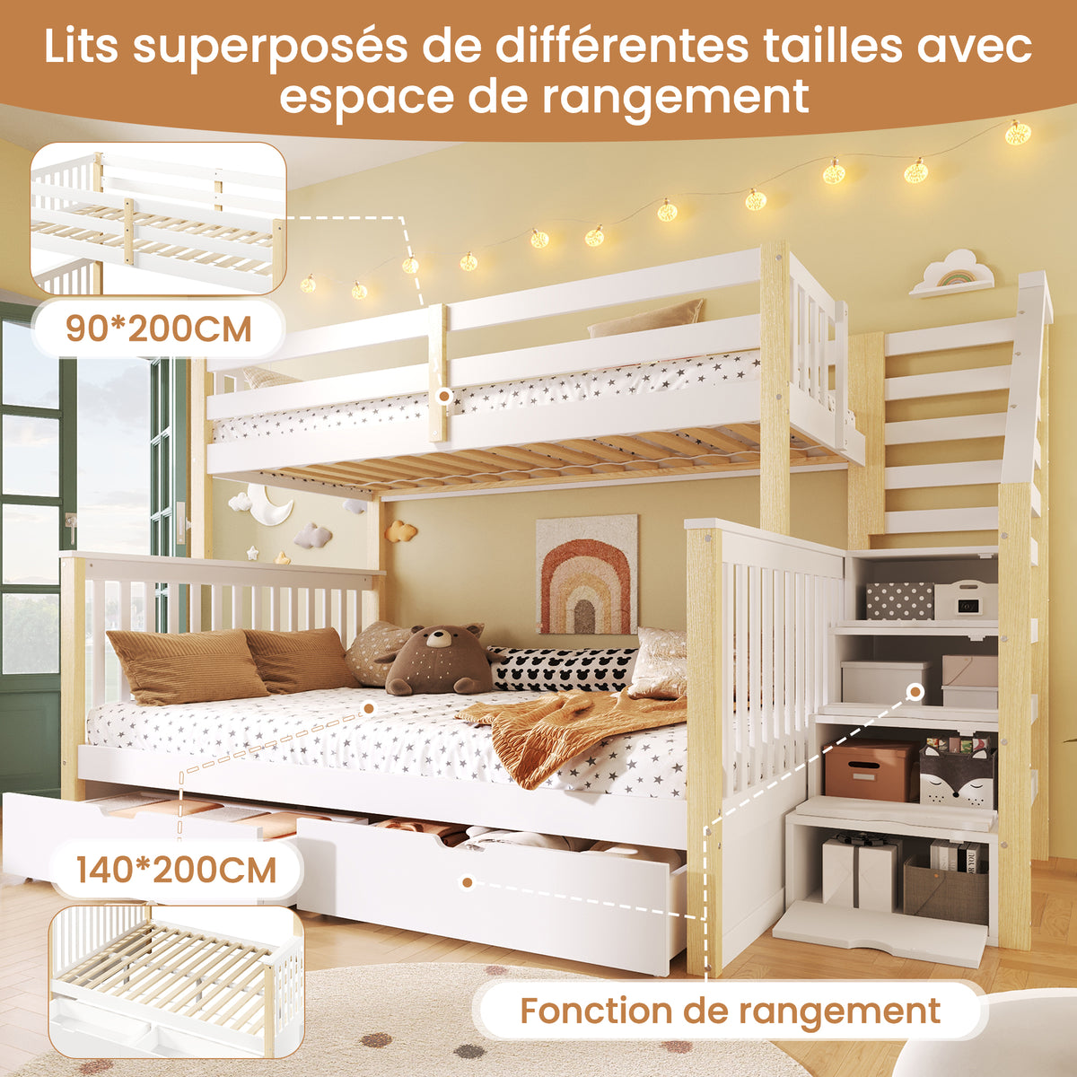 Iron Bunk Bed with Ladder & Storage, 120x200cm, Black Iron & MDF