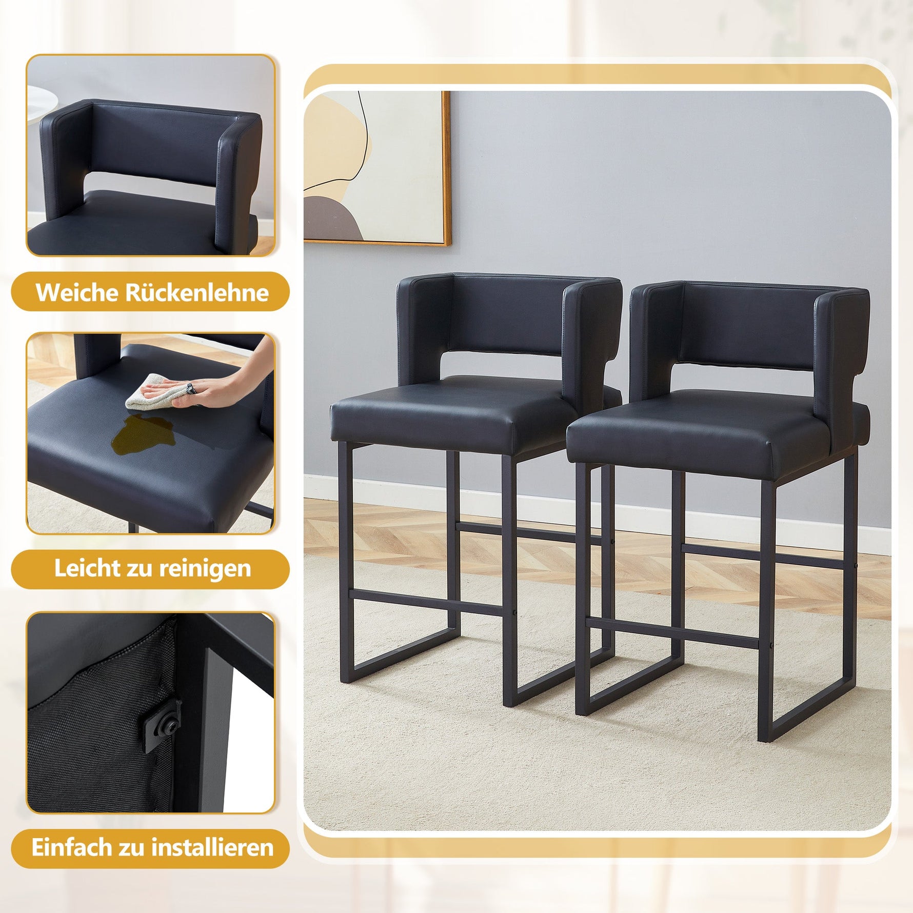 2-Pack Bar Stools Nordic Style Square Design Metal Legs - Black