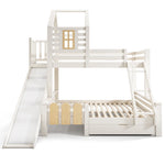 Bunk Bed, 90x200 & 140x200cm, House Loft with Drawer & Slide, Log Cabin Design