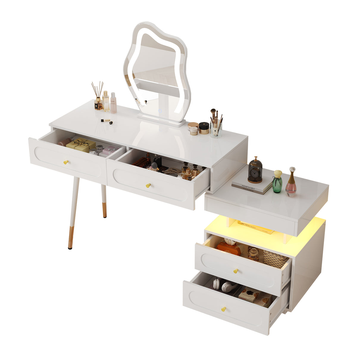Dressing Table Set with LED Mirror & 4 Drawers, White