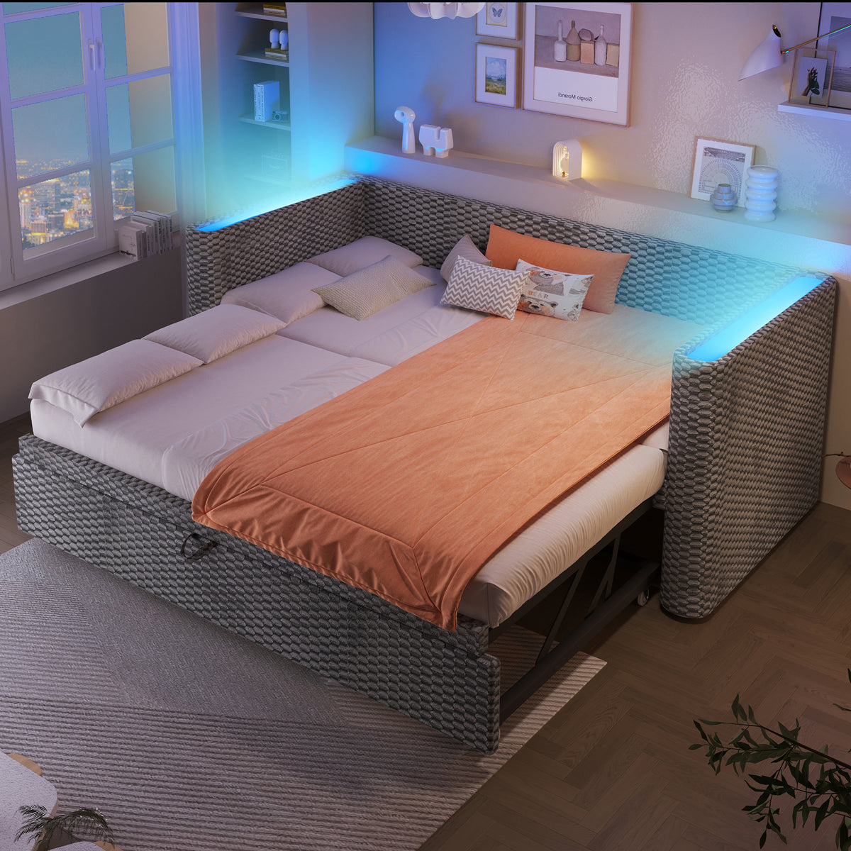Daybed Sofa Bed, Pull-out LED Light 90/180x200cm, Grey Velvet