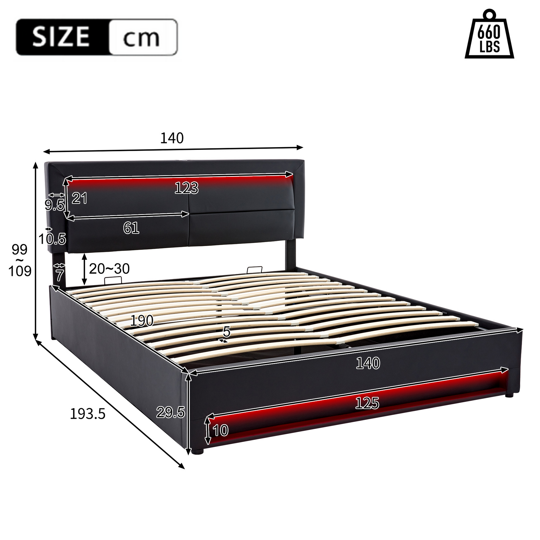 Upholstered Bed with USB Port, LED Lighting and Storage, 140x190cm, Black PU Leather