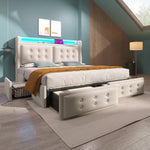 Upholstered Bed 140x200, LED Headboard with USB-C, 4-Drawer Storage, Beige Cotton