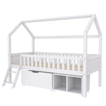 House Bed for Children and Youth 200x90 with Drawers, Storage and Anti-Drop Railing, White Pine