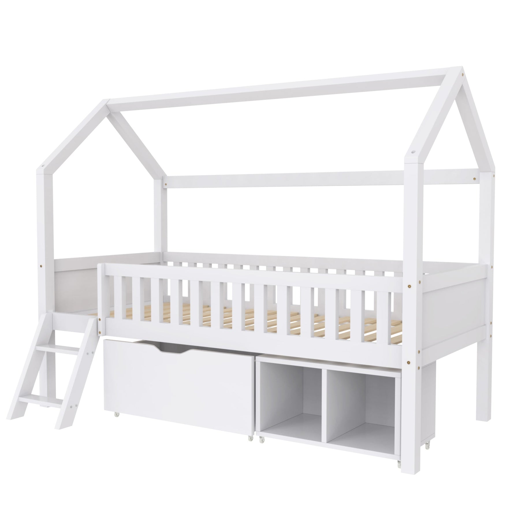 House Bed for Children and Youth 200x90 with Drawers, Storage and Anti-Drop Railing, White Pine