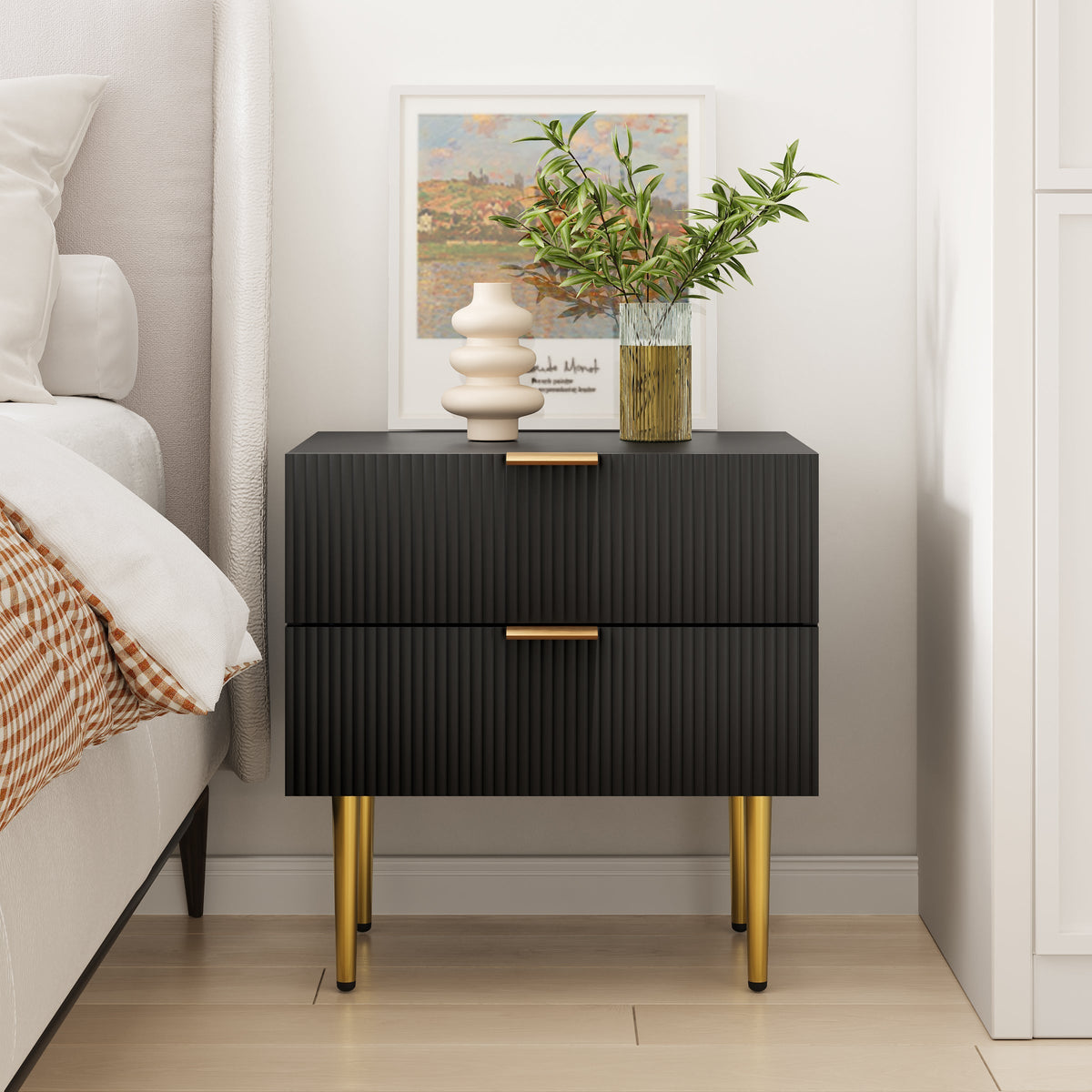 Bedside Table, 2 Drawers, Metal Legs, Black
