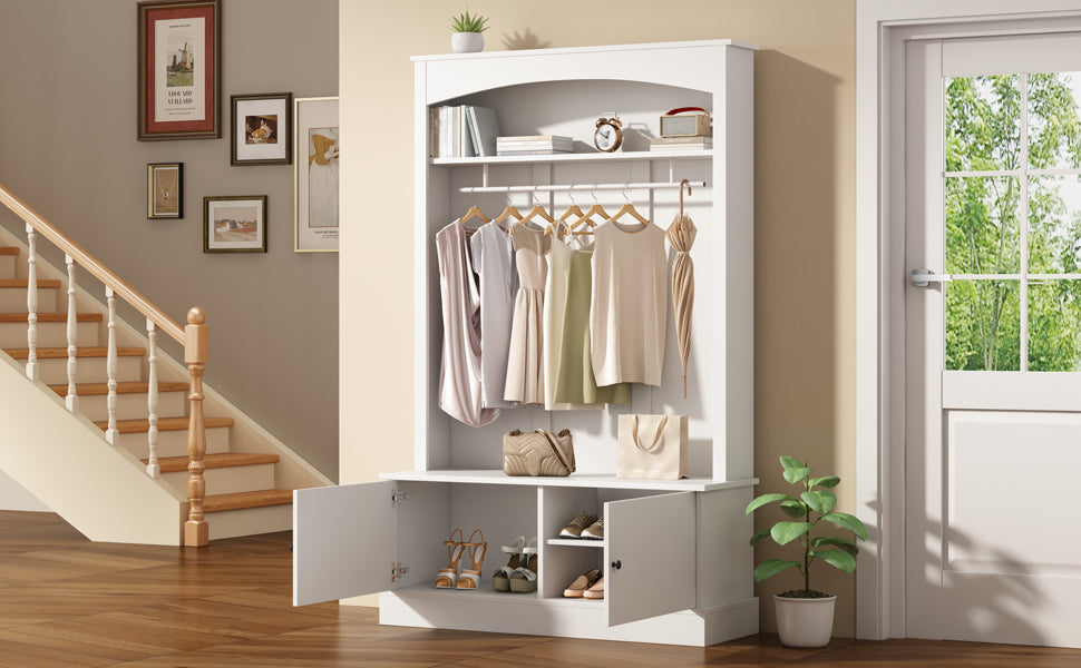 Entryway Cabinet Coat Rack Shoe Bench Storage Adjustable Shelves, White