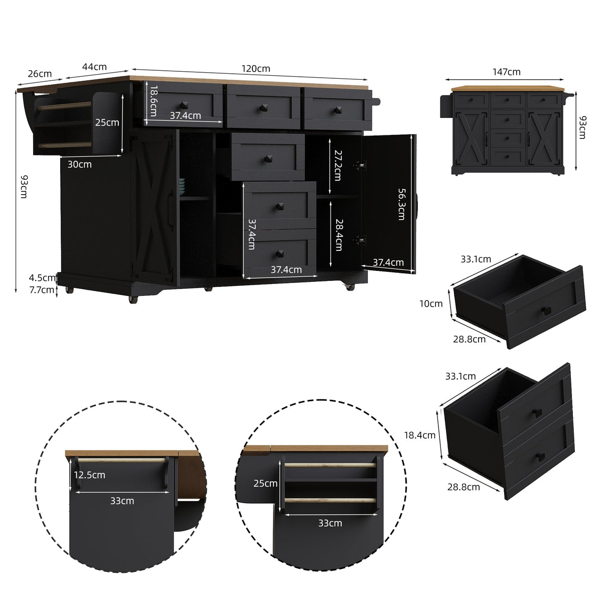 Kitchen Island with Multifunctional Serving Trolley and Large Storage Space, Black Wood Grain