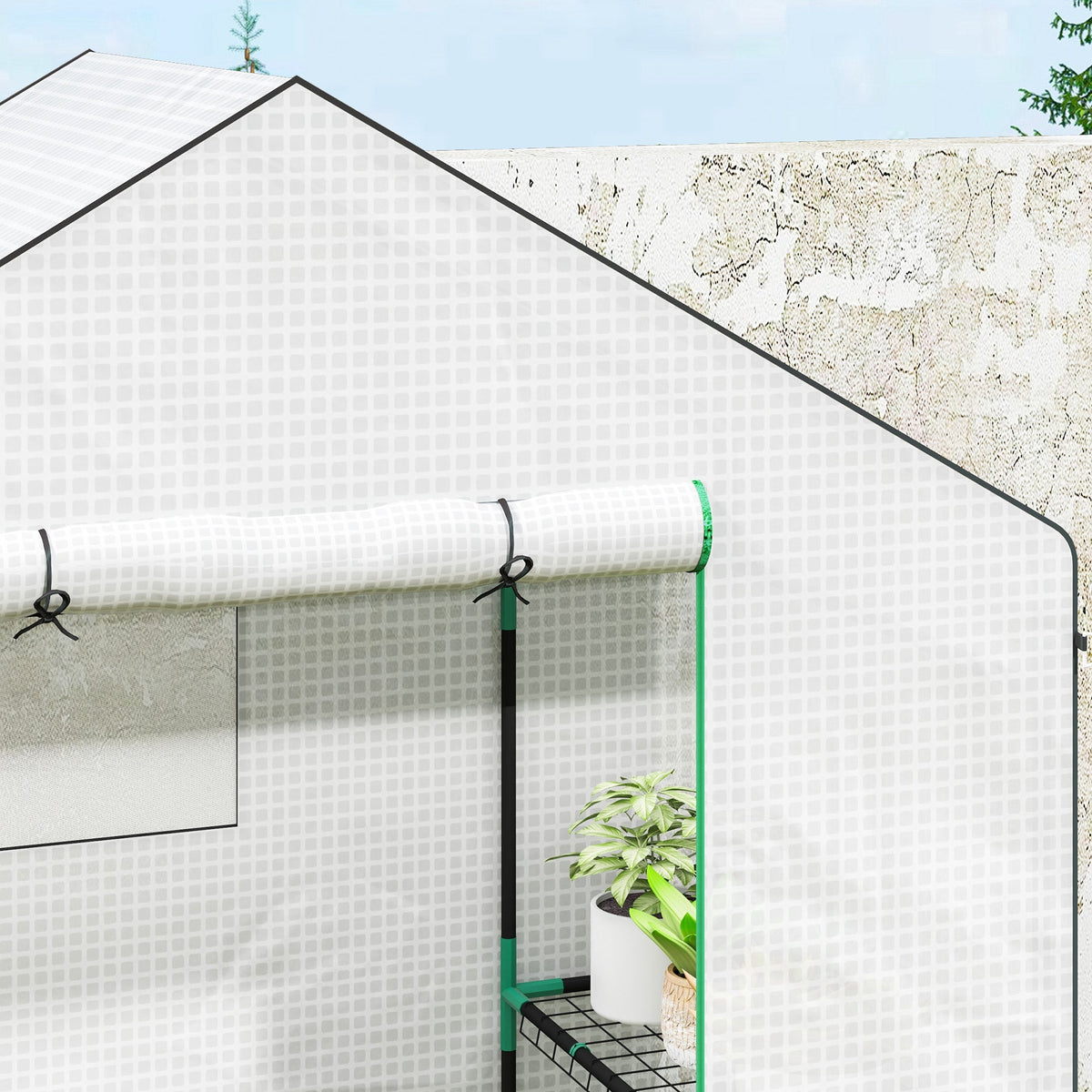 Greenhouse, Roll-Up Door, Window, Shelves, 143x74x190cm, White