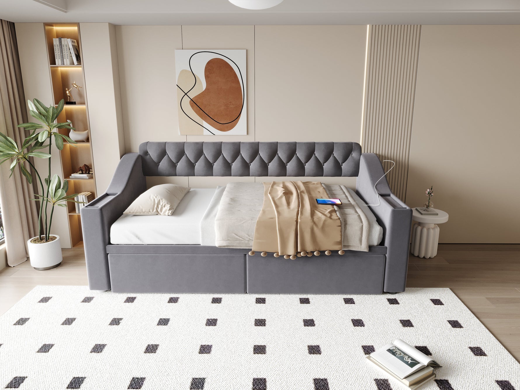 Upholstered Sofa Bed with USB Port and Storage Drawers, Dark Grey Velvet