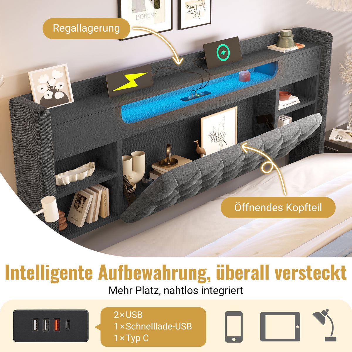 Upholstered Bed 90x200cm LED Hydraulic Storage Grey Linen