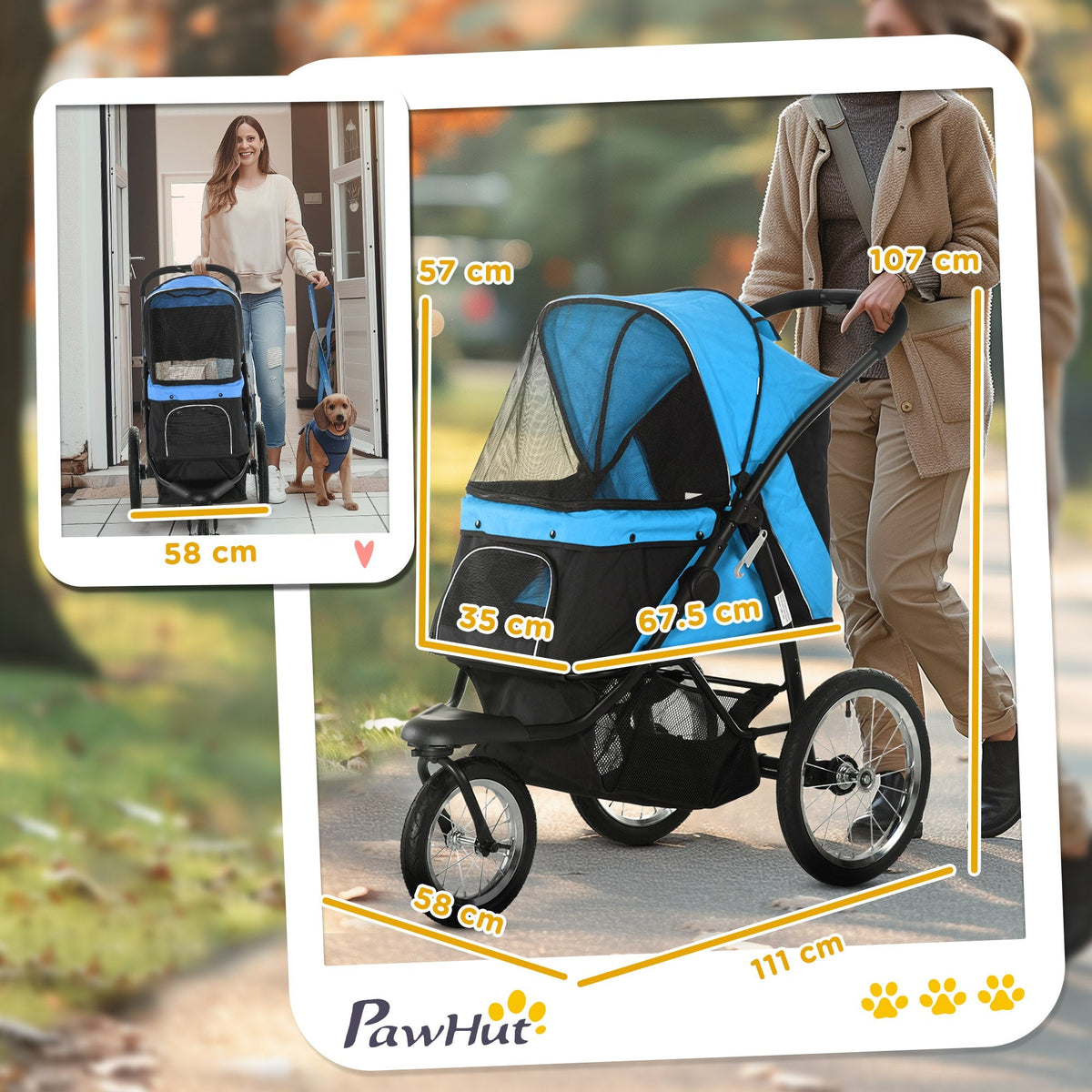 Dog Buggy, Foldable, Storage Basket, Sunshade, Blue Oxford
