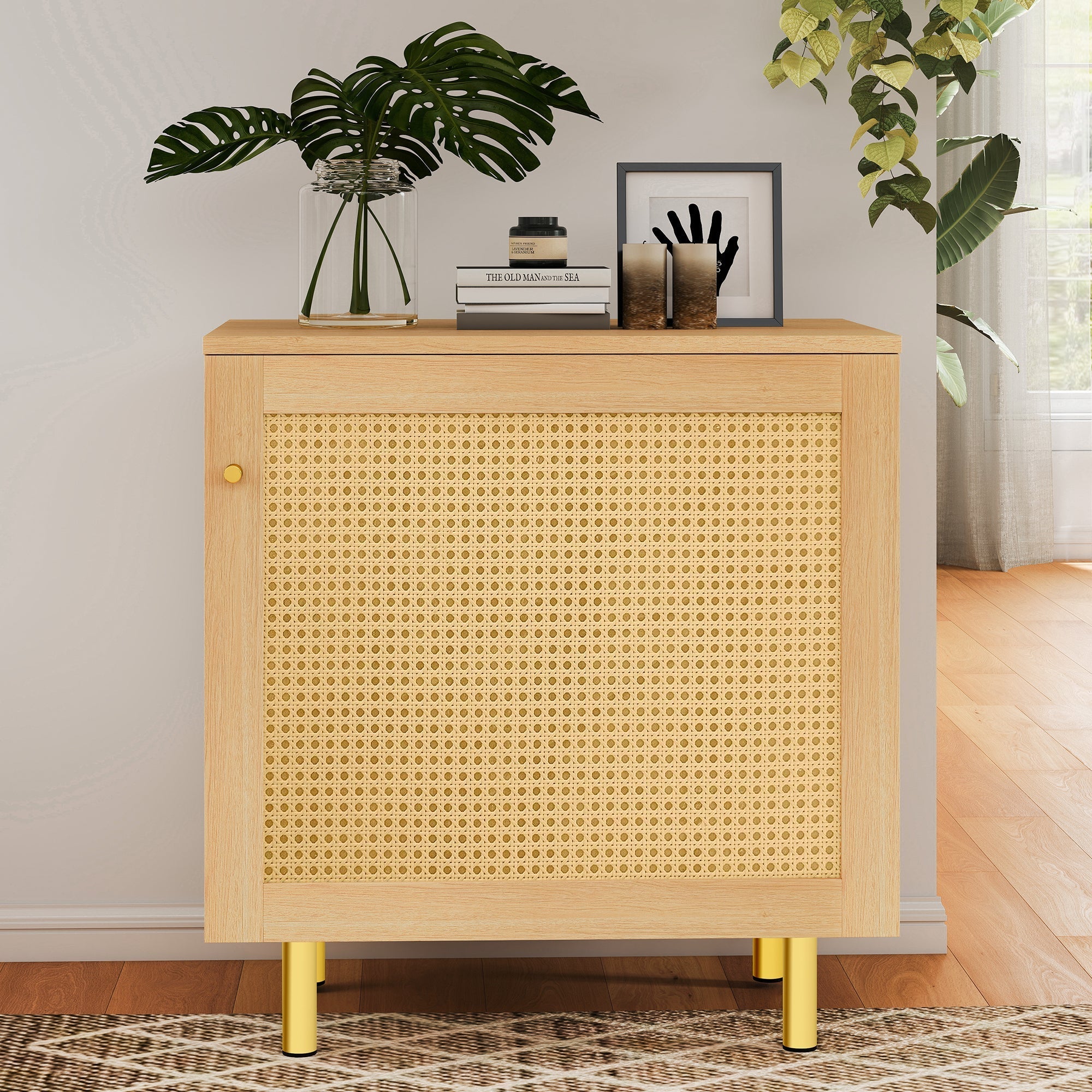 Wicker Nightstand Single Door Rustic Natural Wood Look