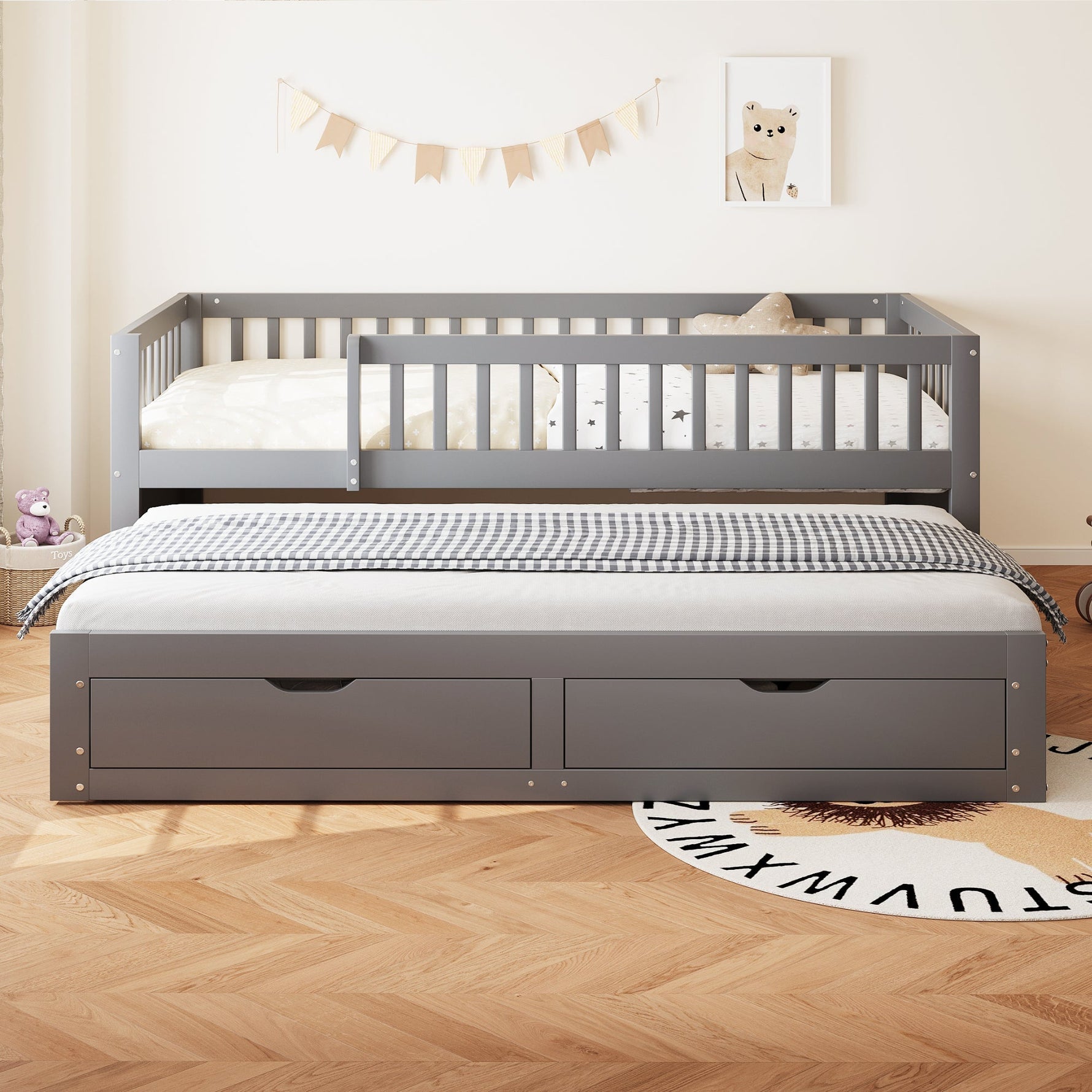 Solid Wood Sofa Bed, Pull-out Storage Drawers Safety Rail 90x200cm, Grey