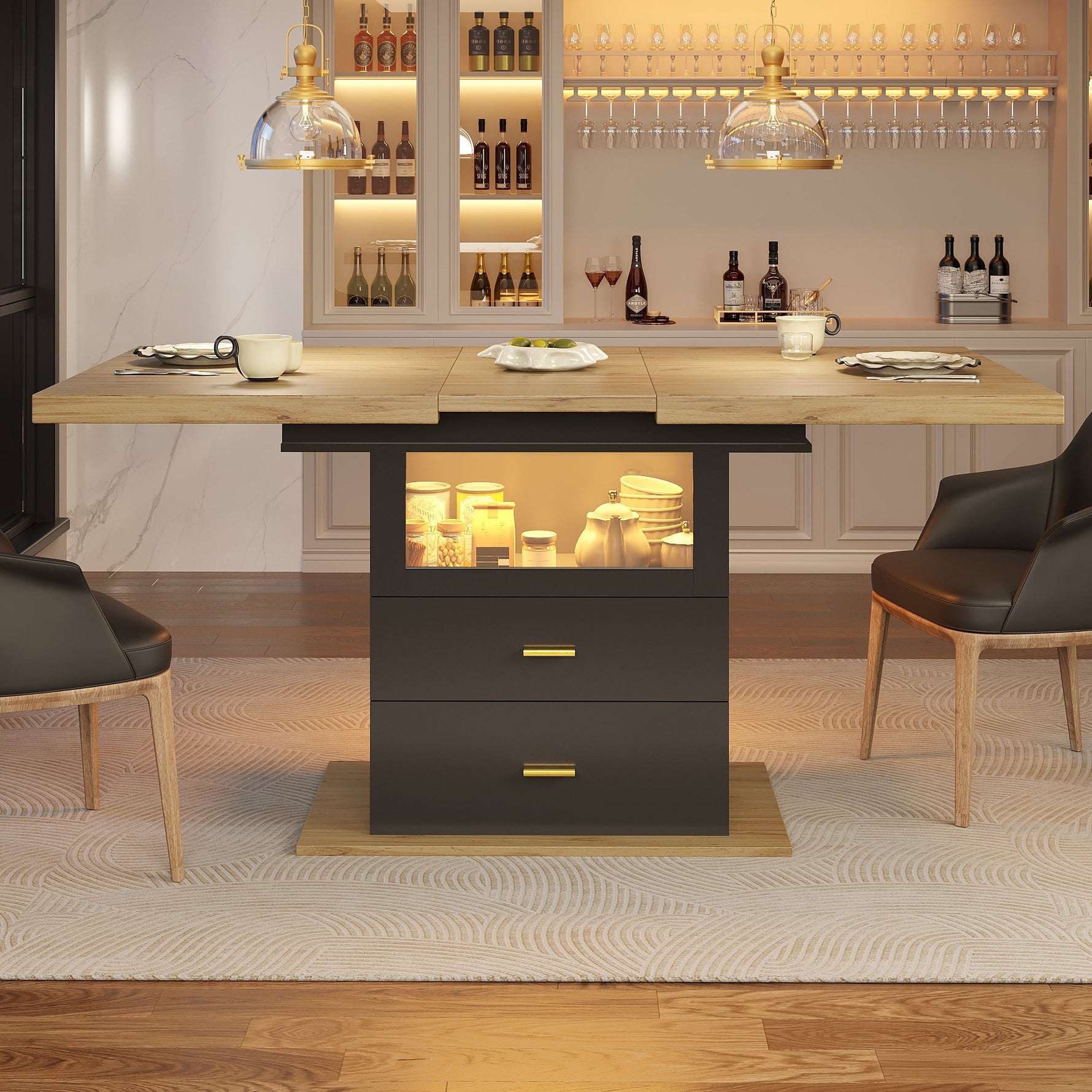 Extendable Dining Table with LED Lighting and Seating for 6 People, Wood Finish