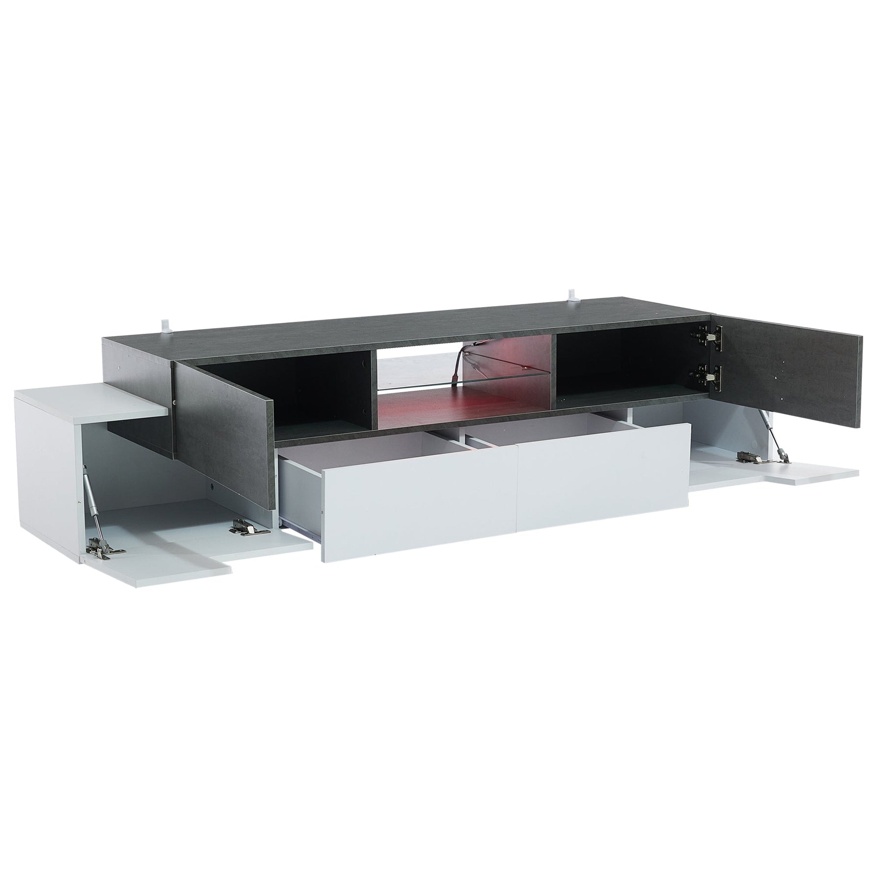 LED TV Cabinet, Entertainment Center with Glass Shelves, White+Gray