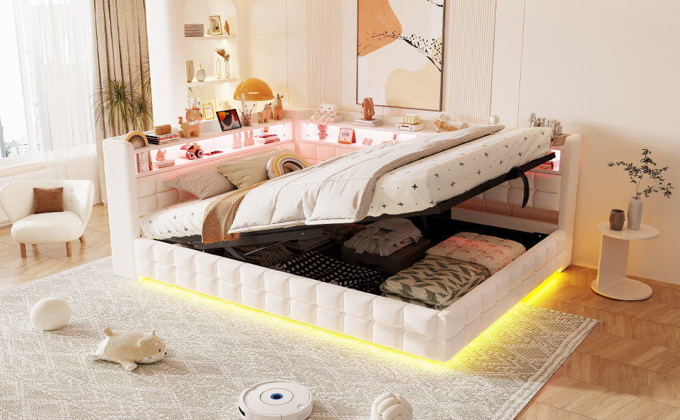 Upholstered Sofa Bed 140x200cm with Storage & LED, Beige Velvet