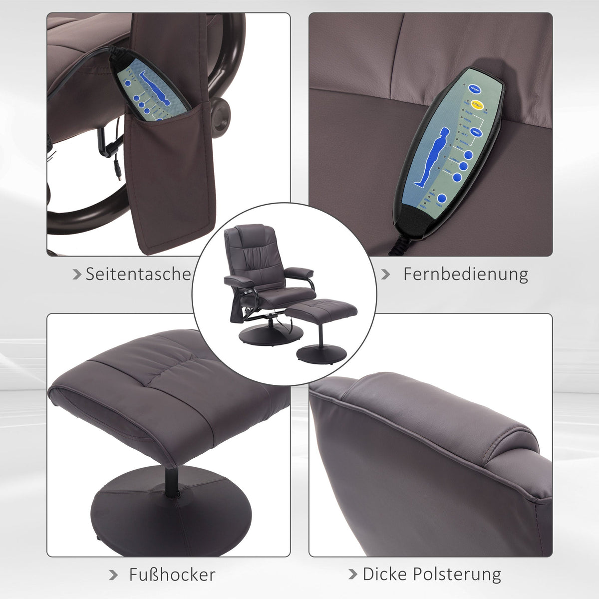 Massage Chair with Footstool Swivel Electric Recliner Remote Control, Faux Leather Brown