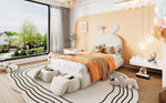 Upholstered Single Bed, Bunny Ears LED Light Storage Stools, Velvet Beige, 90x200cm