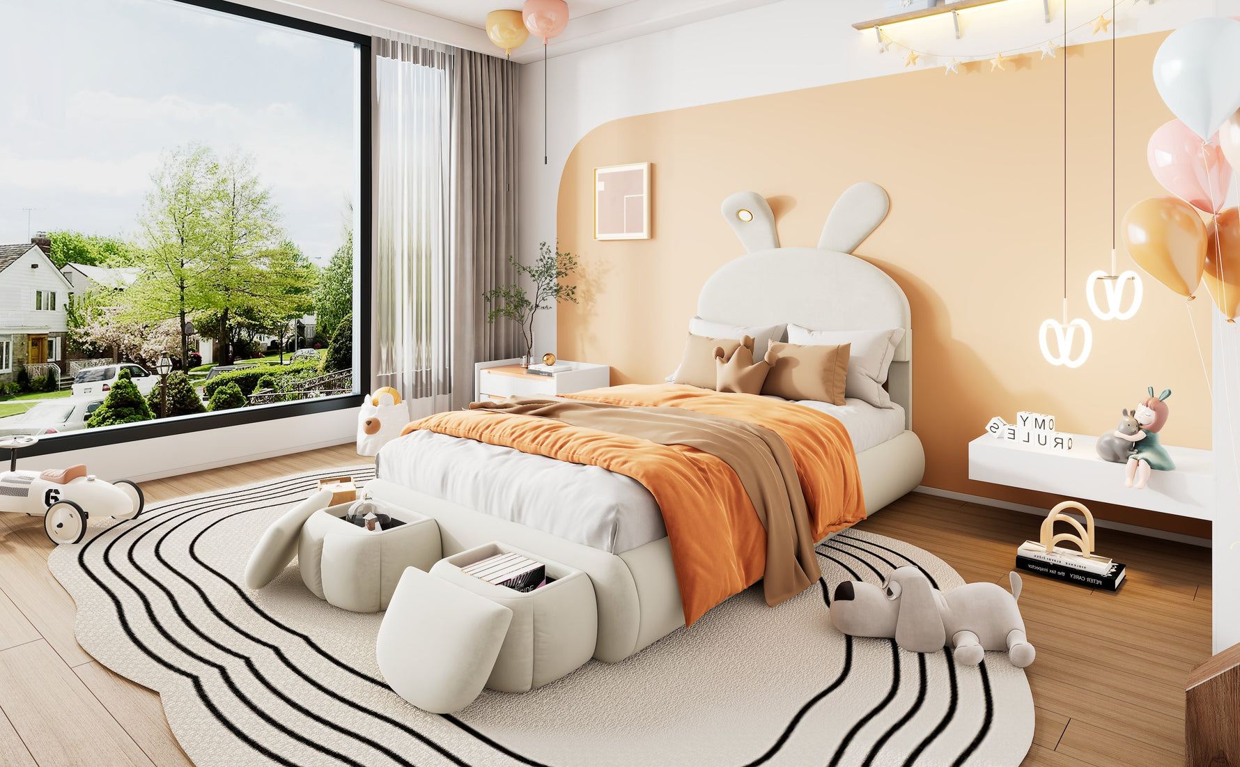 Upholstered Single Bed, Bunny Ears LED Light Storage Stools, Velvet Beige, 90x200cm