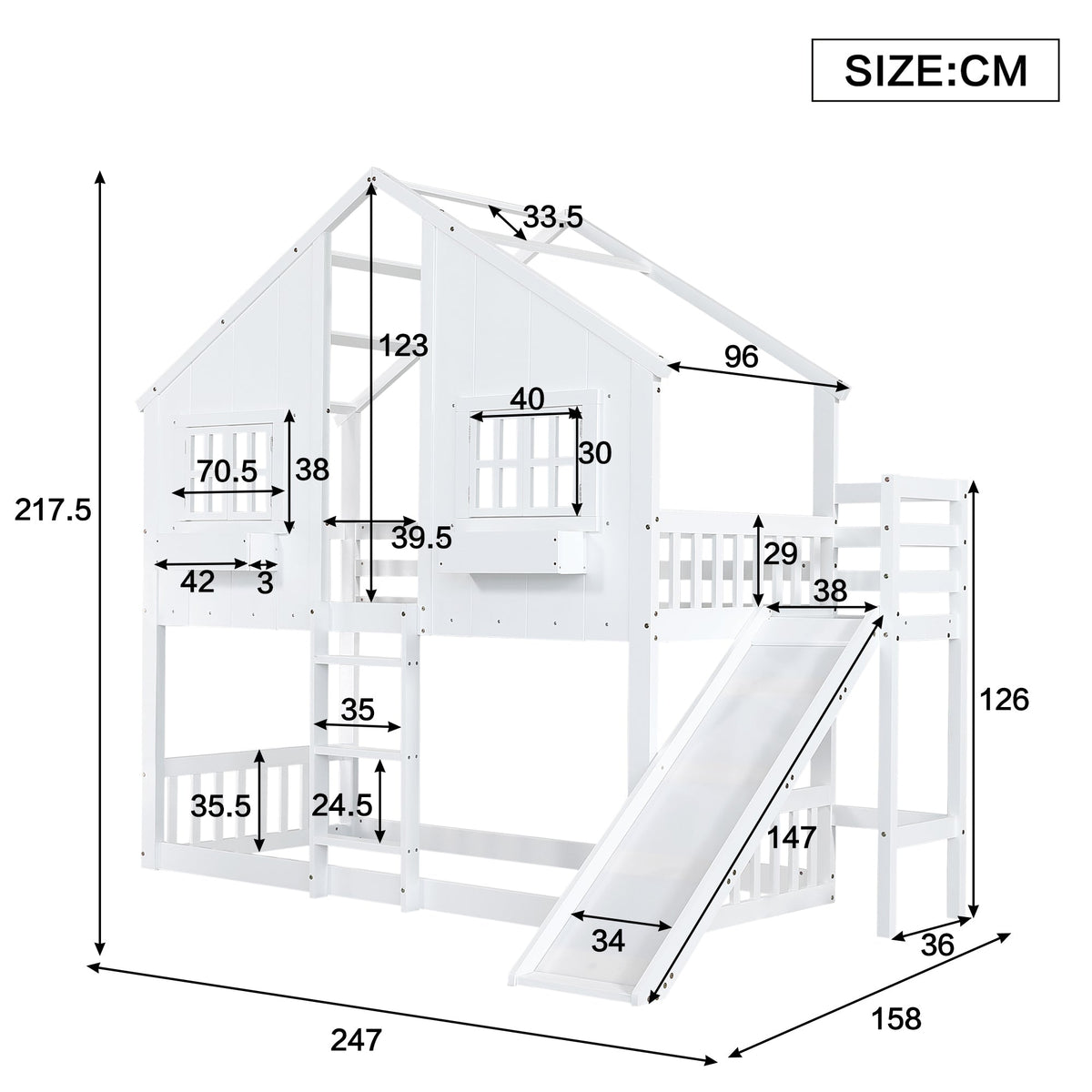 Bunk Bed with Slide, Roof & Window, Safety Gate, 3-Step Ladder, Pine + MDF, White, 90x200cm