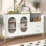 Sideboard Cabinet, 2 Drawers 2 Glass Doors Modern, White Gold Accents