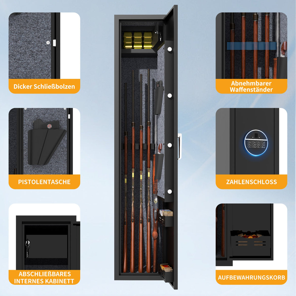 Gun Cabinet 5 Long Guns Rifles Pistols Quick Access Steel Safe 138x30x30cm