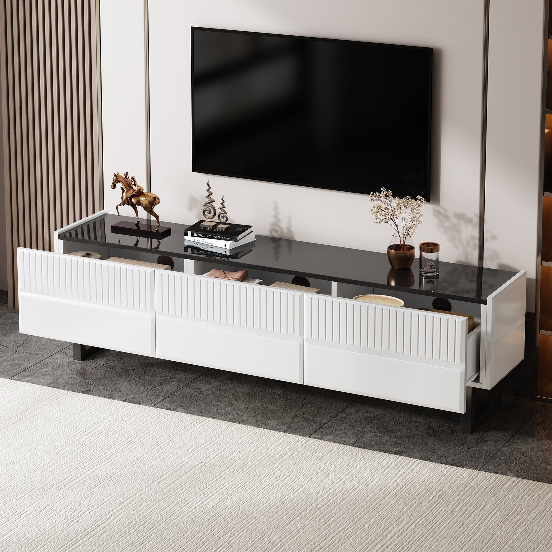 TV Stand Low Unit with Three Drawers 170cm Black and White