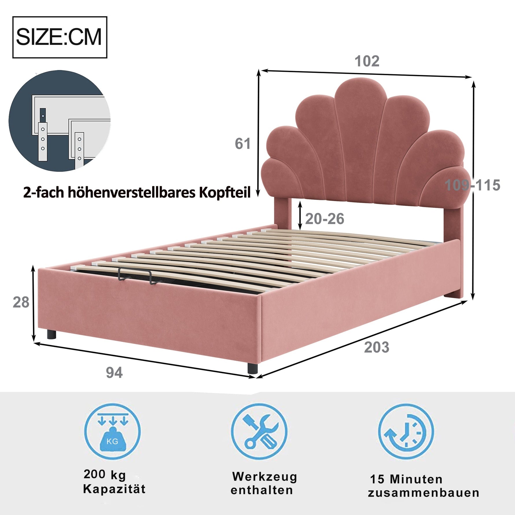Upholstered Children's Bed 90x200cm Floral Headboard Hydraulic Storage Velvet Pink