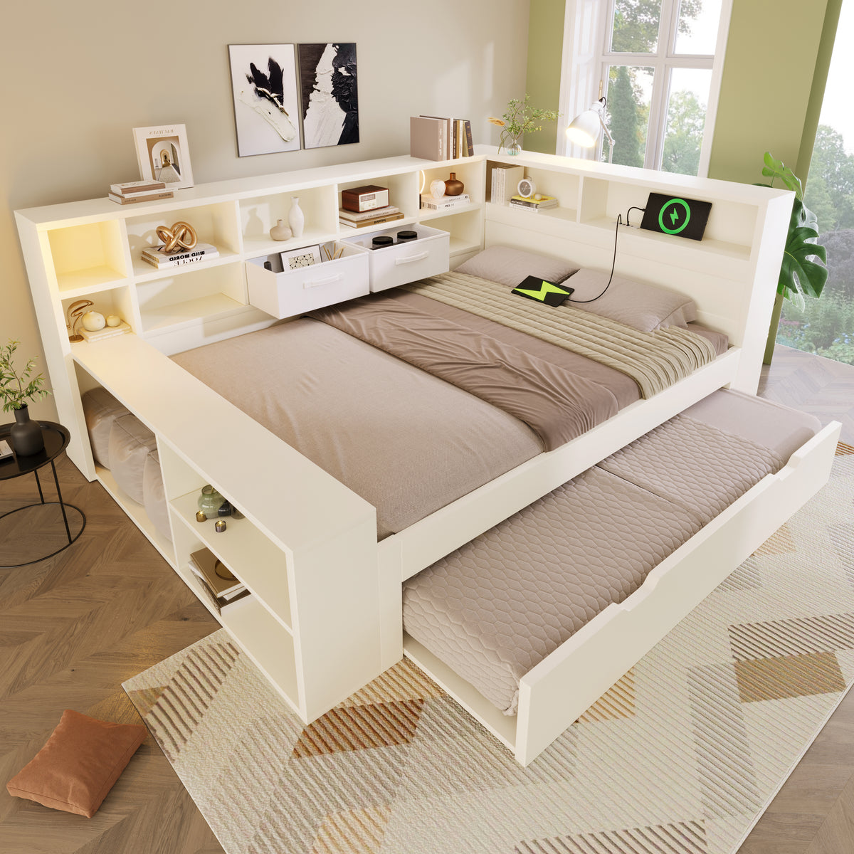 Storage Bed 140x200 with Pull-Out Bed & USB Ports, White Wood