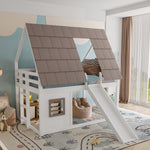 Wooden House Bunk Bed with Roof, Ladder and Slide, 140 x 200, White and Brown