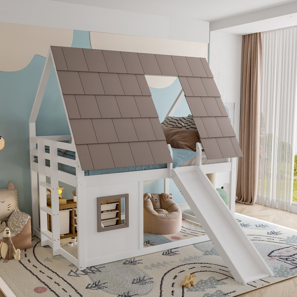Wooden House Bunk Bed with Roof, Ladder and Slide, 140 x 200, White and Brown