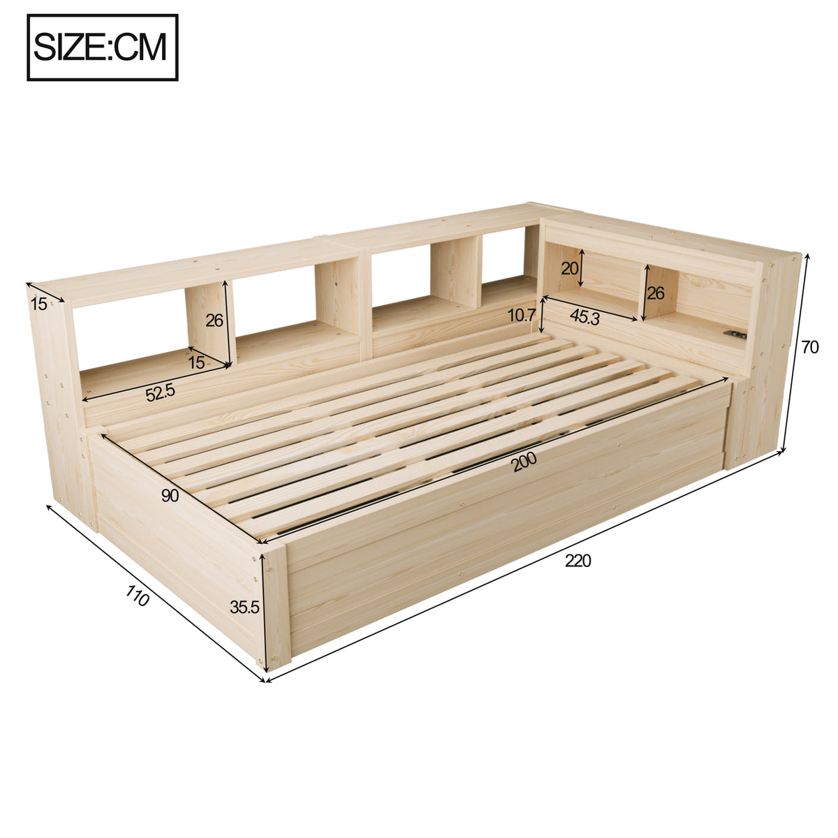 Sofa Bed 90x200cm with Hydraulic Storage & LED, Wood Color
