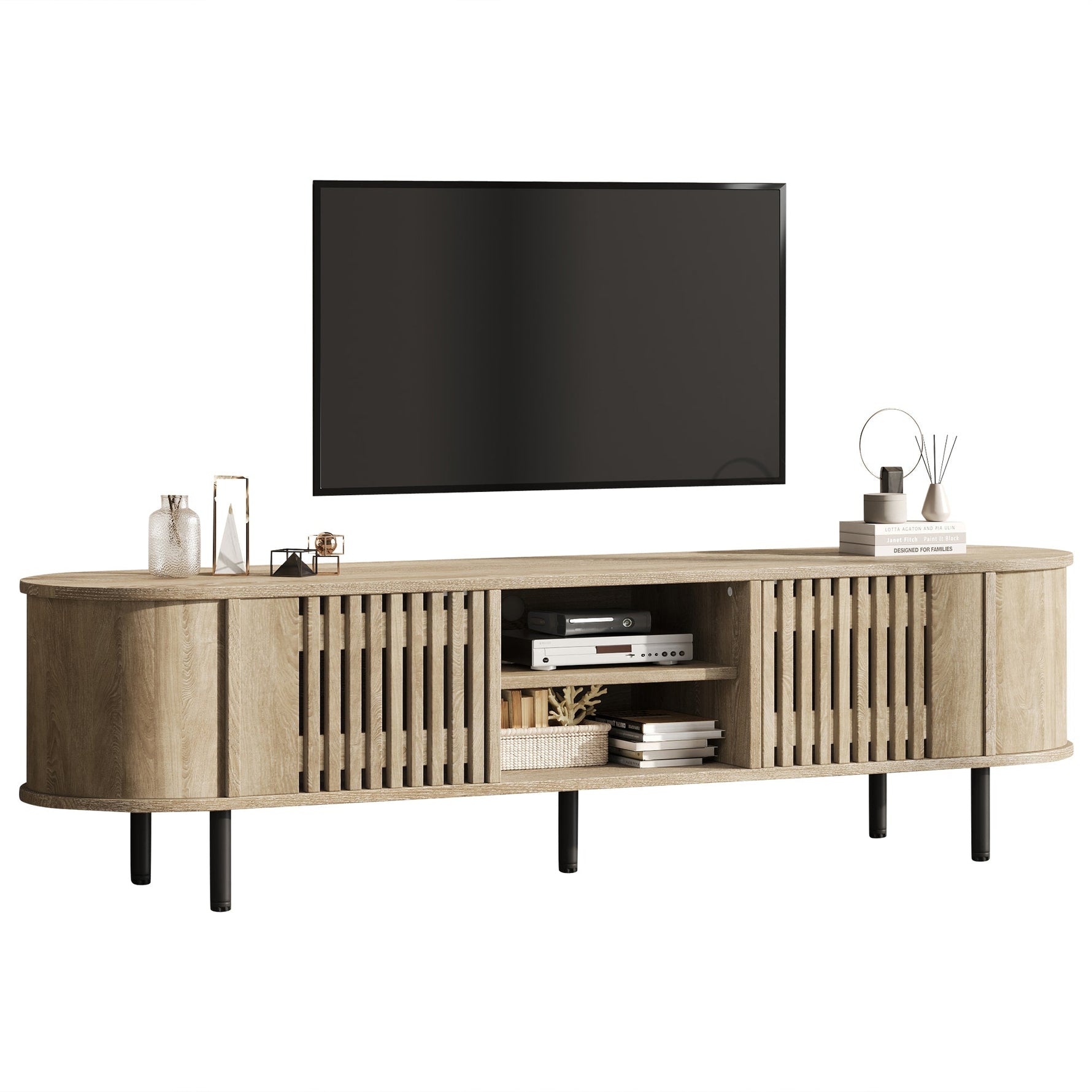 TV Cabinet Lowboard 160x40x47cm Openwork Design 2 Cabinets for 65" TV - Natural Wood