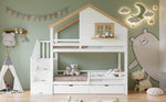 Bunk Bed with Storage Stairs, House Design 90x200cm, Pine/MDF White/Natural