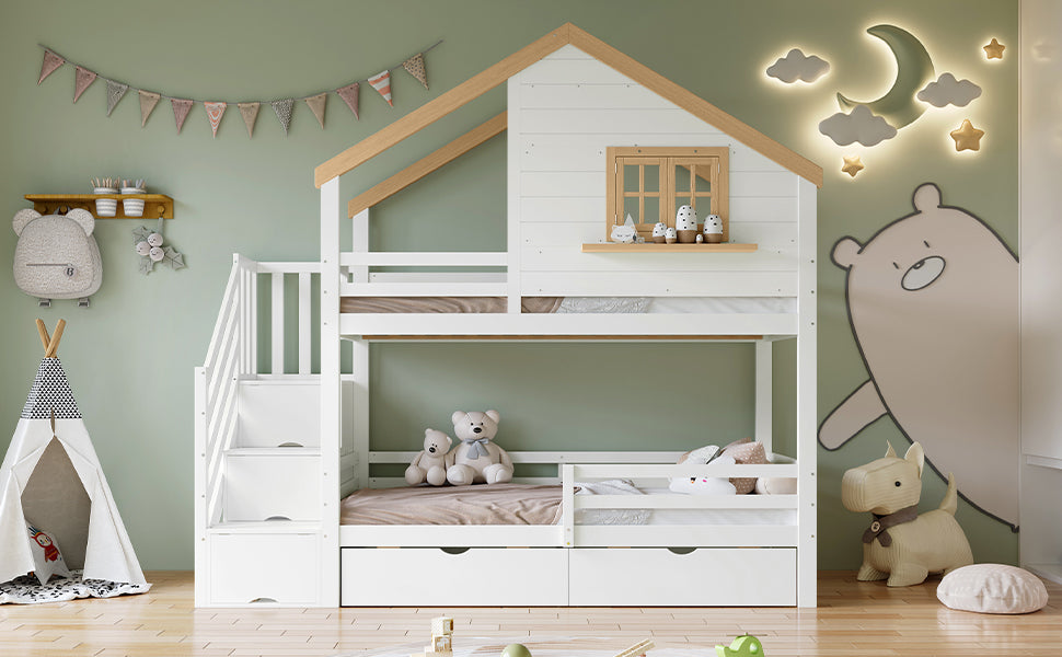 Bunk Bed with Storage Stairs, House Design 90x200cm, Pine/MDF White/Natural