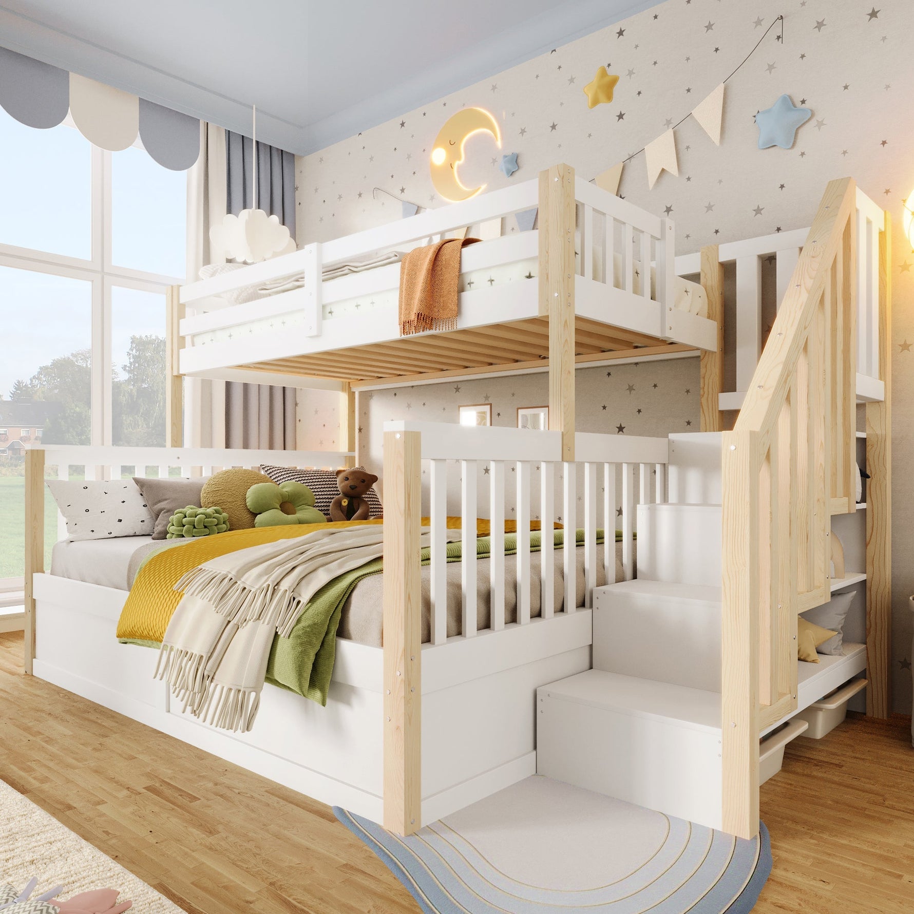Bunk Bed 90x200/140x200cm Hydraulic Storage Ladder White/Natural